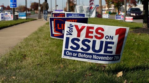 COLUMBUS, OHIO - NOVEMBER 3: A close-up view of signage in support of Issue 1 is seen on November 3, 2023 in Columbus, Ohio. Ohioans will vote on Issue 1, officially titled "The Right to Reproductive Freedom with Protections for Health and Safety," which would codify reproductive rights in the Ohio Constitution, including contraception, fertility treatment and the right to abortion up to the point of fetal viability while permitting restrictions after. (Photo by Andrew Spear/Getty Images)