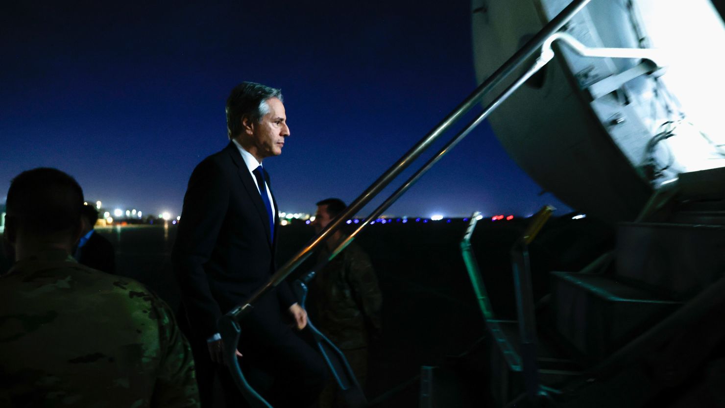 U.S. Secretary of State Antony Blinken boards his military transport aircraft to depart Baghdad International Airport after meeting Iraqi Prime Minister Mohammed Shia al-Sudani, in Baghdad, Iraq, Sunday Nov. 5, 2023. Blinken flew to Baghdad for talks with Iraqi Prime Mohammed Shia al-Sudani as American forces in the region face a surge of attacks by Iranian-allied militias in Iraq and elsewhere. (Jonathan Ernst/Pool via AP)