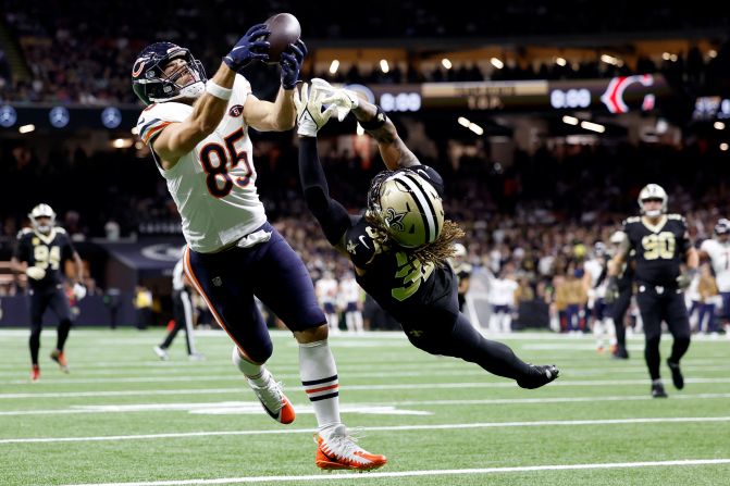 Chicago Bears tight end Cole Kmet catches a touchdown pass while defended by Tyrann Mathieu of the New Orleans Saints on November 5. The Saints beat the Bears 24-17. 