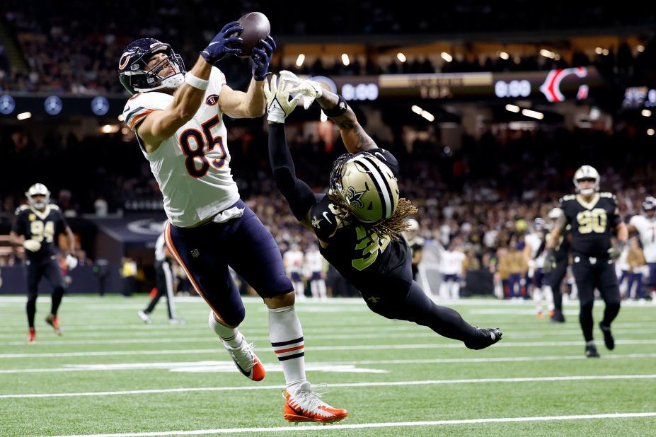 Chicago Bears tight end Cole Kmet catches a touchdown pass while defended by Tyrann Mathieu of the New Orleans Saints. The Saints beat the Bears 24-17. 