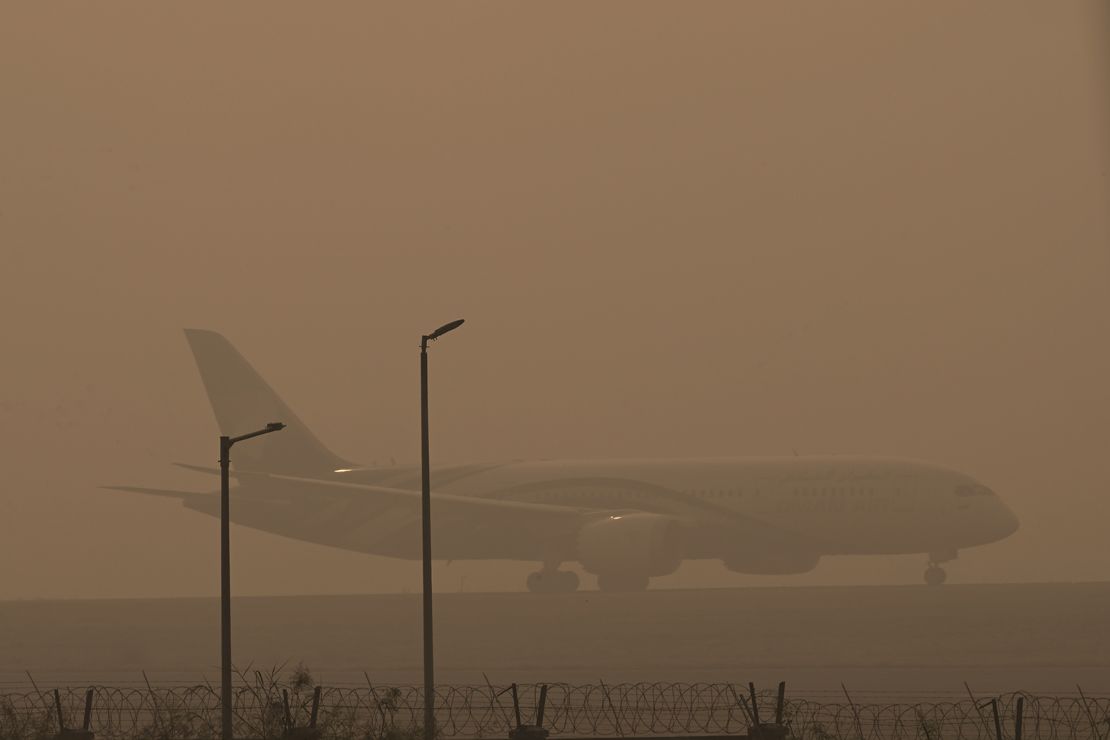 A passenger plane ready to take off at IGI Airport amid heavy smog on November 5, 2023 in New Delhi, India.