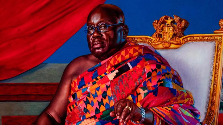 "Portrait of Nana Akufo-Addo, President of Ghana" (2023) by Kehinde Wiley. The painting is one of 11 portraits of African heads of state and former heads of state produced by Wiley as part of a secret, decade-long project titled "A Maze of Power," on display at the Musée du quai Branly - Jacques Chirac in Paris, France.