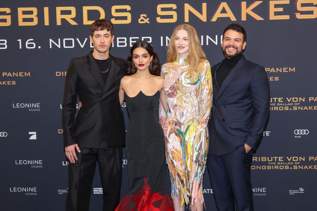 BERLIN, GERMANY - NOVEMBER 5:  (L-R) Tom Blyth, Rachel Zegler, Hunter Schafer and Josh Andres Rivera attend the Berlin premiere of "Die Tribute Von Panem - The Ballad Of Songbirds & Snakes" at Zoopalast on November 5, 2023 in Berlin, Germany. (Photo by Gerald Matzka/Getty Images)