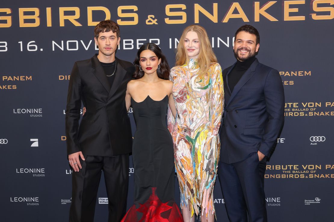 BERLIN, GERMANY - NOVEMBER 5: (L-R) Tom Blyth, Rachel Zegler, Hunter Schafer and Josh Andres Rivera attend the Berlin premiere of "Die Tribute Von Panem - The Ballad Of Songbirds & Snakes" at Zoopalast on November 5, 2023 in Berlin, Germany. (Photo by Gerald Matzka/Getty Images)