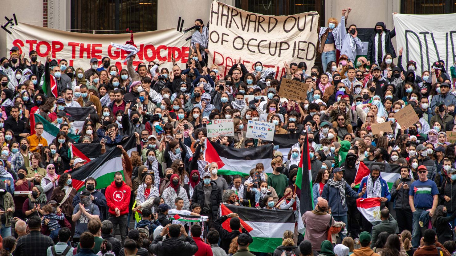 Supporters of Palestine gather at Harvard University to show their support for Palestinians in Gaza at a rally in Cambridge, Massachusetts, on October 14, 2023. Thousands of Palestinians sought refuge on October 14 after Israel warned them to evacuate the northern Gaza Strip before an expected ground offensive against Hamas, one week on from the deadliest attack in Israeli history. (Photo by Joseph Prezioso / AFP) (Photo by JOSEPH PREZIOSO/AFP via Getty Images)