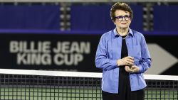 DELRAY BEACH, FLORIDA - APRIL 14: Tennis legend Billie Jean King looks on before the Billie Jean King Cup Qualifier match between United States and Austria at Delray Beach Tennis Center on April 14, 2023 in Delray Beach, Florida. (Photo by James Gilbert/Getty Images for ITF)