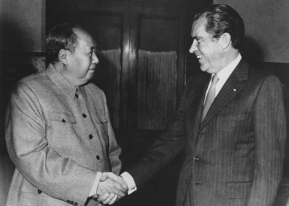FILE - In this Feb. 21, 1972, file photo, Chinese communist party leader Mao Zedong, left, and U.S. President Richard Nixon shake hands as they meet in Beijing, China. The notion of a substantive sit-down between North Korean leader Kim Jong Un and U.S. President Donald Trump -- the most gazed-upon figures of this moment in the planet's history --is a staggering prospect and a potential logistical nightmare if the two countries ever tried to make it happen. (AP Photo, File)