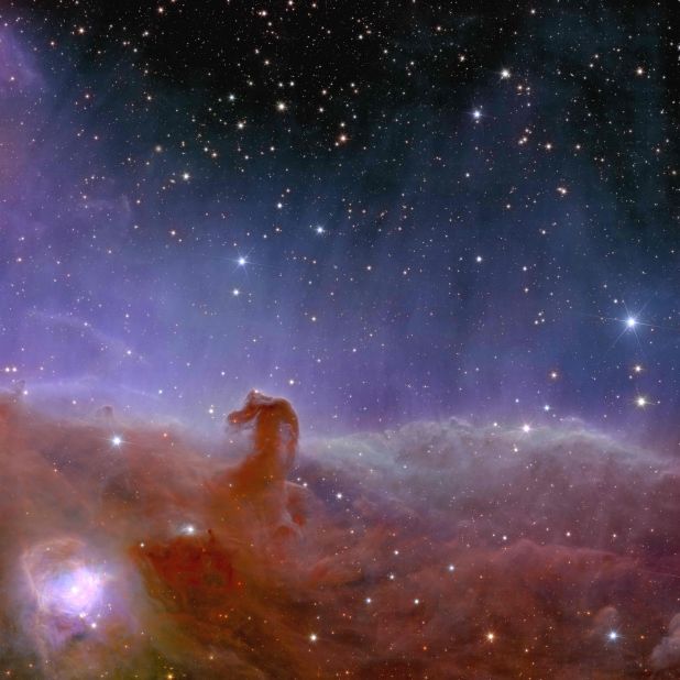 Newly formed stars can be seen glimmering inside the Horsehead Nebula, a cloud of gas and dust in the Orion constellation. Scientists will also search for young Jupiter-size planets within the nebula.