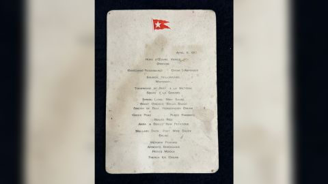 The water-stained menu for Titanic's first-class restaurant which shows rich diners feasted on oysters, lamb and mallard duck before doomed cruise liner sank goes on sale for £60,000