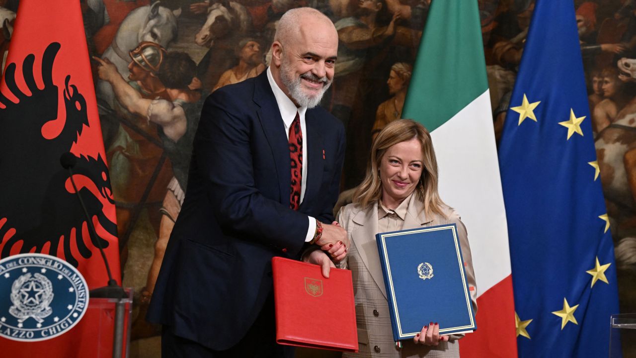 Italy's Prime Minister, Giorgia Meloni and Albania's Prime Minister Edi Rama give a joint press conference as they signed an agreement on migrations at Palazzo Chigi in Rome on November 6, 2023. (Photo by Tiziana FABI / AFP) (Photo by TIZIANA FABI/AFP via Getty Images)