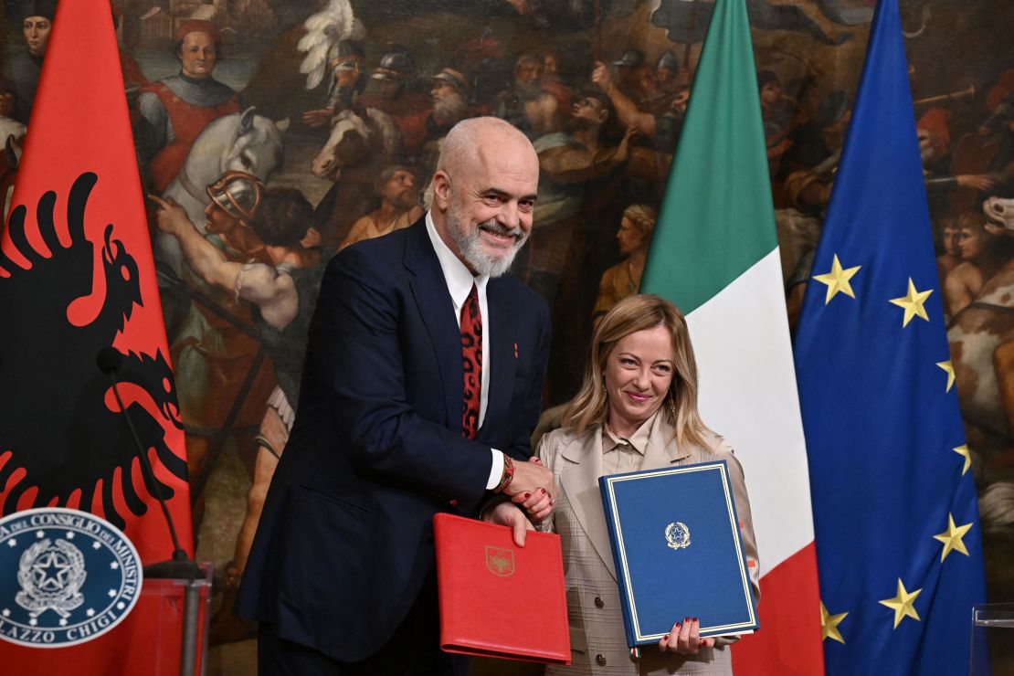 Italy's Prime Minister, Giorgia Meloni and Albania's Prime Minister Edi Rama give a joint press conference as they signed an agreement on migrations at Palazzo Chigi in Rome on November 6, 2023. (Photo by Tiziana FABI / AFP) (Photo by TIZIANA FABI/AFP via Getty Images)