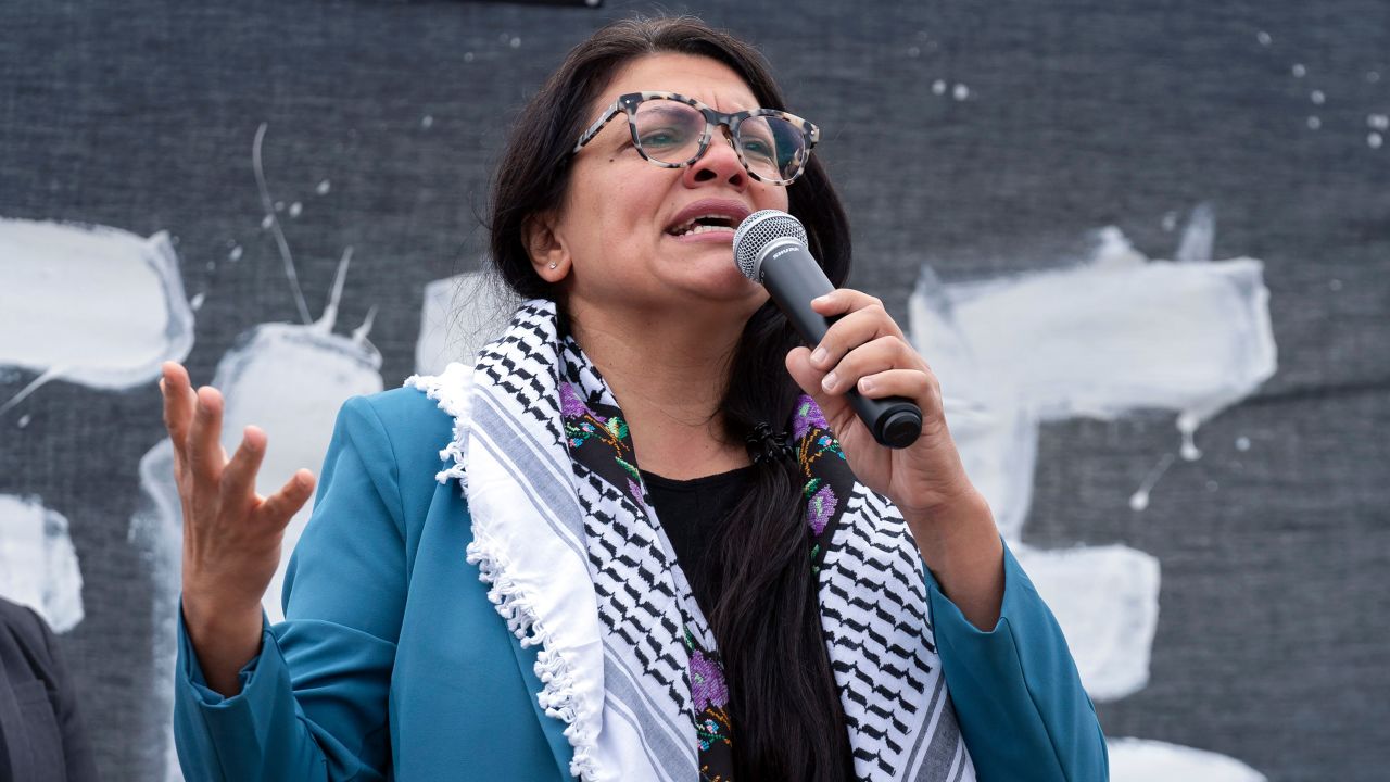 Rep. Rashida Tlaib, D-Mich., speaks during a rally at the National Mall during a pro-Palestinian demonstration in Washington, Oct. 20, 2023. (AP Photo/Jose Luis Magana)