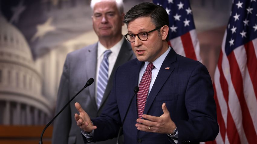 WASHINGTON, DC - NOVEMBER 02: U.S. Speaker of the House Rep. Mike Johnson (R-LA) (R) speaks as House Majority Whip Rep. Tom Emmer (R-MN) (L) listens during a news briefing at the U.S. Capitol on November 2, 2023 in Washington, DC. House Republican held a Conference meeting to discuss party agenda. (Photo by Alex Wong/Getty Images)