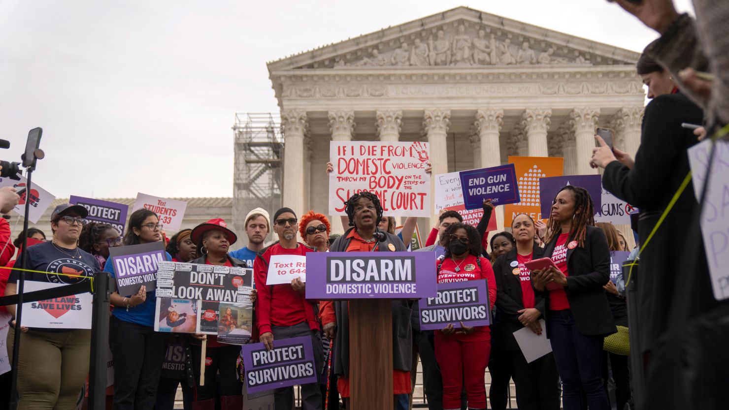 Rep. Gwen Moore, D-Wisc., speaks during a rally at the Supreme Court on Tuesday, Nov. 7, 2023, in Washington. The Supreme Court is taking up a challenge to a federal law that prohibits people from having guns if they are under a court order to stay away from their spouse, partner or other family members. (AP Photo/Mark Schiefelbein)