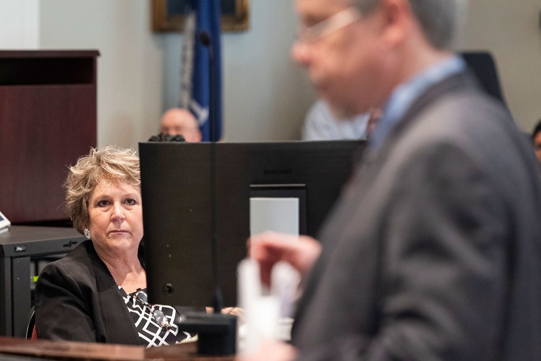 Colleton County Clerk of Court Rebecca Hill listens as Prosecutor Creighton Waters makes closing arguments in Alex Murdaugh's trial for murder at the Colleton County Courthouse on Wednesday, March 1, 2023, in Columbia, S.C. Attorneys for convicted murderer Alex Murdaugh want a new trial, accusing the court clerk of improperly influencing the jury and betraying her oath of office for money and fame.(Joshua Boucher/The State via AP, Pool)