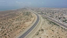 Aerial photo taken on June 3, 2022 shows a section of the China-aided Eastbay Expressway of Gwadar port in Gwadar of Pakistan's southwest Balochistan province.