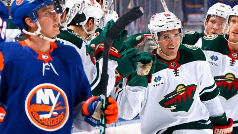 ELMONT, NEW YORK - NOVEMBER 07: Vinni Lettieri #10 of the Minnesota Wild celebrates his second period goal against the New York Islanders at UBS Arena on November 07, 2023 in Elmont, New York. (Photo by Bruce Bennett/Getty Images)