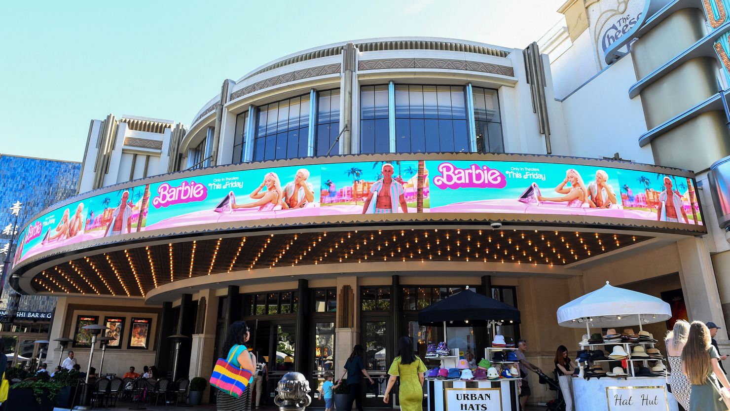 Grove's Theater marquee announcing the opening of "Barbie" movie is pictured in Los Angeles California, on July 20, 2023. "Oppenheimer" is facing off against "Barbie" in the biggest clash of Hollywood summer blockbusters, with both opening on the same day in a duel the media has dubbed "Barbenheimer".