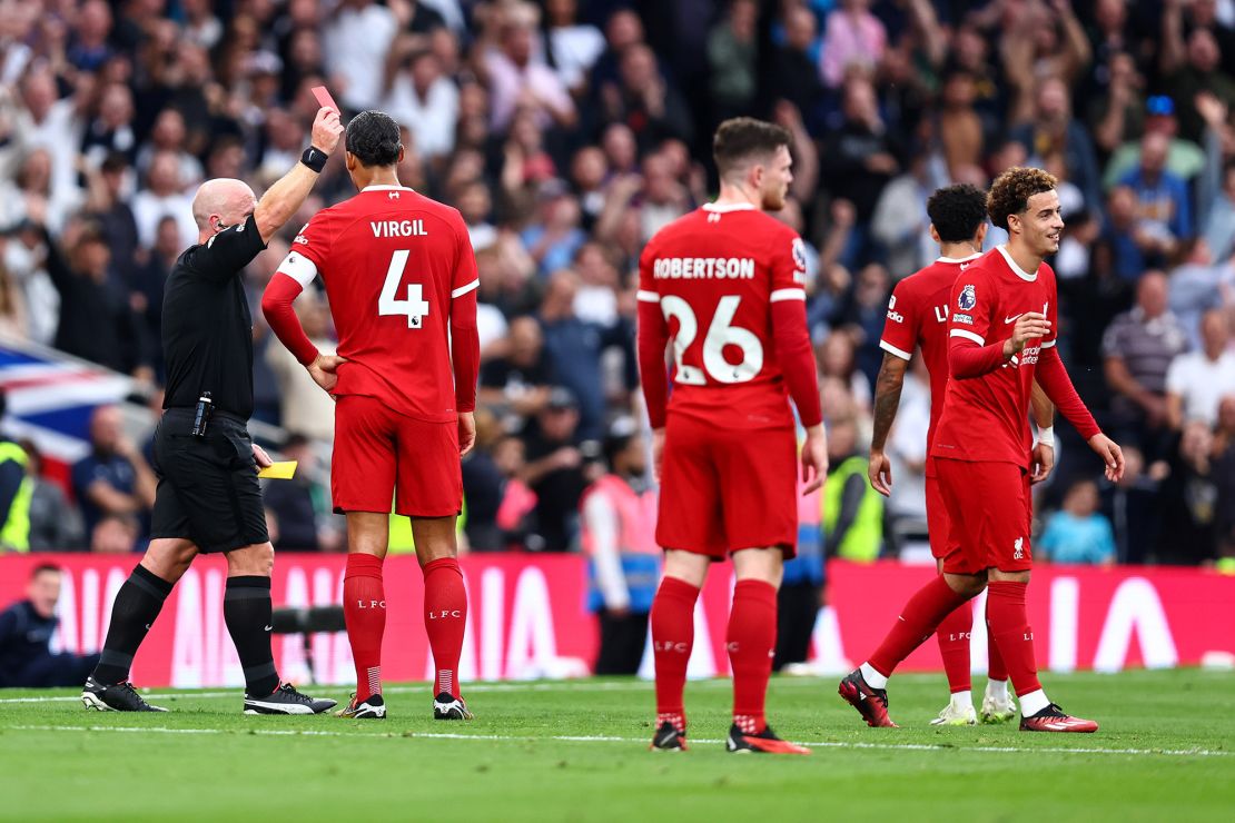 LONDON, ENGLAND - SEPTEMBER 30: Referee Simon Hooper shows Curtis Jones of Liverpool a red card after a VAR review during the Premier League match between Tottenham Hotspur and Liverpool FC at Tottenham Hotspur Stadium on September 30, 2023 in London, England. (Photo by Charlotte Wilson/Offside/Offside via Getty Images)