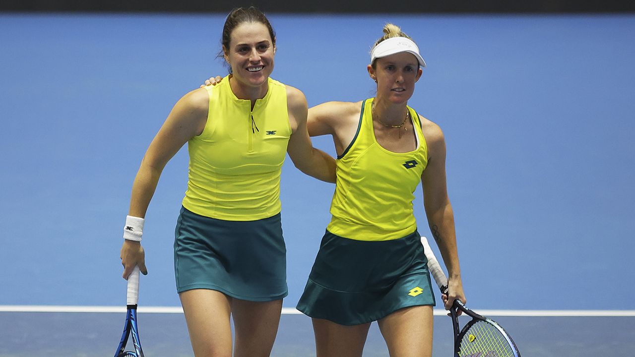 SEVILLE, SPAIN - NOVEMBER 07: Storm Hunter and Kimberly Birrell of Team Australia celebrates after winning the doubles match during the Billie Jean King Cup Finals group stage match between Australia and Slovenia at Estadio de La Cartuja on November 07, 2023 in Seville, Spain. (Photo by Fran Santiago/Getty Images for ITF)