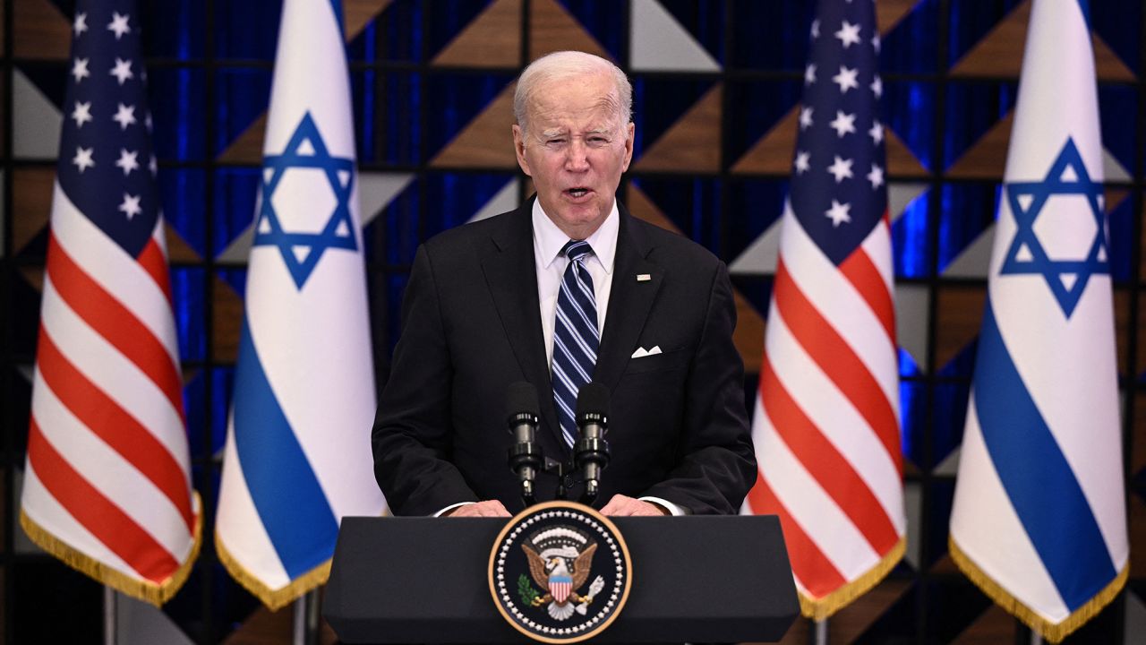 US President Joe Biden holds a press conference following a solidarity visit to Israel, on October 18, 2023, in Tel Aviv, amid the ongoing battles between Israel and the Palestinian group Hamas in the Gaza Strip. Thousands of people, both Israeli and Palestinians have died since October 7, 2023, after Palestinian Hamas militants based in the Gaza Strip, entered southern Israel in a surprise attack leading Israel to declare war on Hamas in Gaza on October 8. (Photo by Brendan SMIALOWSKI / AFP) (Photo by BRENDAN SMIALOWSKI/AFP via Getty Images)