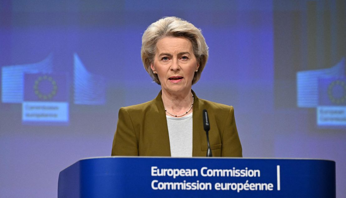 President of the European Commission Ursula von der Leyen holds a press conference on the 2023 Enlargement package and the new Growth Plan for the Western Balkans at the EU headquarters in Brussels, on November 8, 2023. (Photo by John THYS / AFP) (Photo by JOHN THYS/AFP via Getty Images)