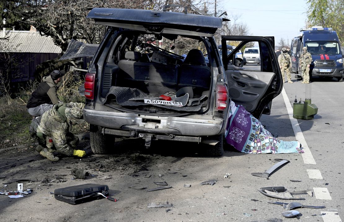THIS IMAGE WAS DIRECTLY PROVIDED BY A THIRD PARTY AND HAS NOT BEEN VETTED FOR EDITORIAL ACCURACY BY THE AP EDITORIAL TEAM. THE IMAGE MAY CONTAIN REFERENCES THAT DO NOT ADHERE TO AP'S EDITORIAL STANDARDS CONCERNING THE CONFLICT IN UKRAINE. AP ALSO CANNOT INDEPENDENTLY VERIFY, THE DATE, LOCATION OR CONDITIONS UNDER WHICH IT WAS SHOT. 8551690 08.11.2023 A view shows the scene of a car bomb explosion which killed Mikhail Filiponenko, a member of the People's Council of the Luhansk People's Republic and former chief of the LPR People's Militia, in Luhansk, Luhansk People's Republic, Russia. Stanislav Krasilnikov / Sputnik via AP