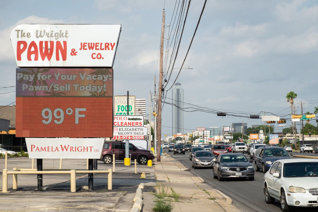 This photo taken on June 21, 2023 shows a temperature display reading 99 degrees Fahrenheit about 37.2 degrees Celsius in late afternoon in Houston, Texas, the United States. An "oppressive" heat wave is continuing scorching the south central U.S. state of Texas, where triple digit temperatures are expected to last for the next several days, forecasters said on Wednesday. (Photo by Chen Chen/Xinhua via Getty Images)