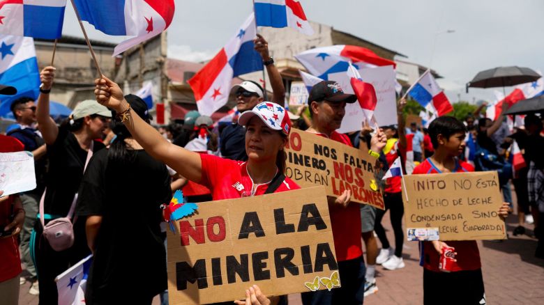People protest during a march against the government contract with Canadian mining company First Quantum and its subsidiary Minera Panama in Panama City on November 3, 2023. Panama's parliament on Friday approved a moratorium on new metal mining contracts after thousands took to the streets for days on end to protest a deal with a Canadian copper company. (Photo by Roberto CISNEROS / AFP) (Photo by ROBERTO CISNEROS/AFP via Getty Images)