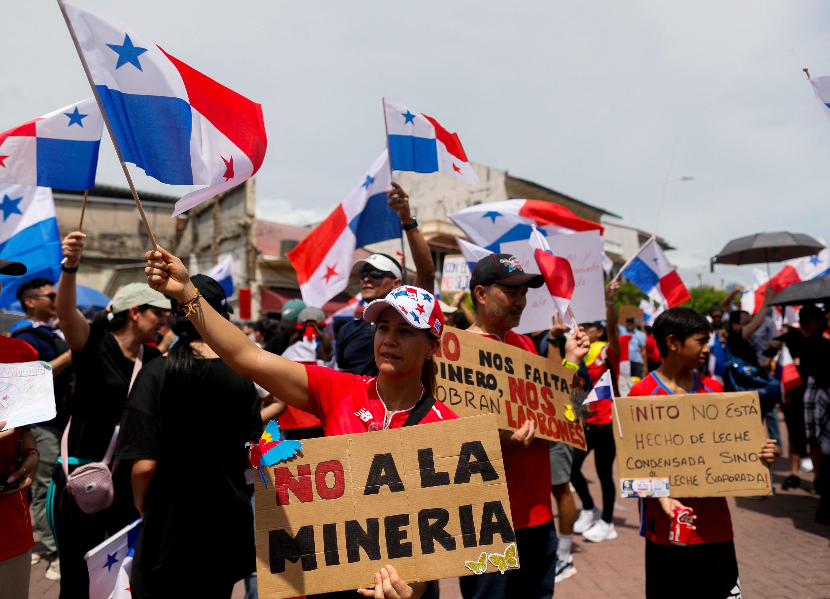 People protest during a march against the government contract with Canadian mining company First Quantum and its subsidiary Minera Panama in Panama City on November 3, 2023. Panama's parliament on Friday approved a moratorium on new metal mining contracts after thousands took to the streets for days on end to protest a deal with a Canadian copper company. (Photo by Roberto CISNEROS / AFP) (Photo by ROBERTO CISNEROS/AFP via Getty Images)