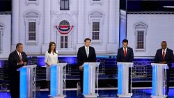 MIAMI, FLORIDA - NOVEMBER 08: Republican presidential candidates (L-R), former New Jersey Gov. Chris Christie, former U.N. Ambassador Nikki Haley, Florida Gov. Ron DeSantis, Vivek Ramaswamy and U.S. Sen. Tim Scott (R-SC) participate in the NBC News Republican Presidential Primary Debate at the Adrienne Arsht Center for the Performing Arts of Miami-Dade County on November 8, 2023 in Miami, Florida. Five presidential hopefuls squared off in the third Republican primary debate as former U.S. President Donald Trump, currently facing indictments in four locations, declined again to participate. (Photo by Joe Raedle/Getty Images)