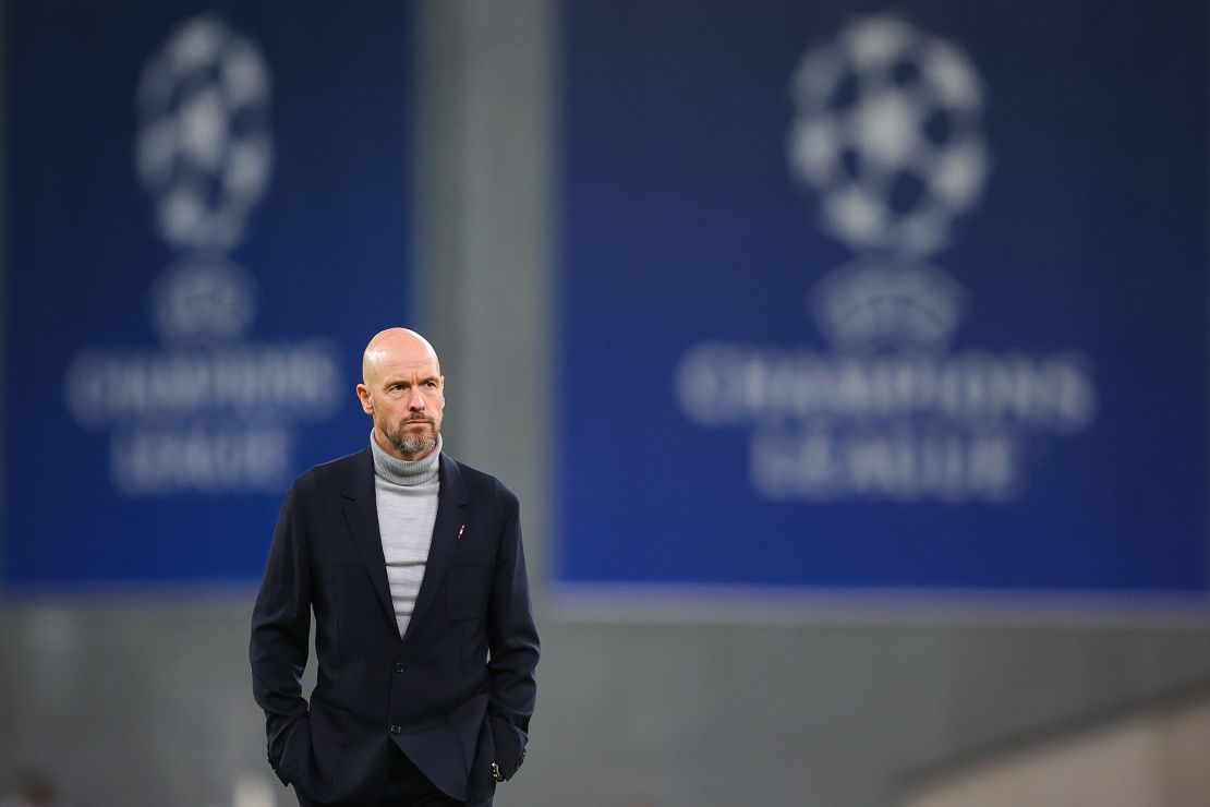 COPENHAGEN, DENMARK - NOVEMBER 08: Erik ten Hag, manager of Manchester United, looks on in front of UEFA Champions League signage during the UEFA Champions League match between F.C. Copenhagen and Manchester United at Parken Stadium on November 08, 2023 in Copenhagen, Denmark. (Photo by James Gill - Danehouse/Getty Images)