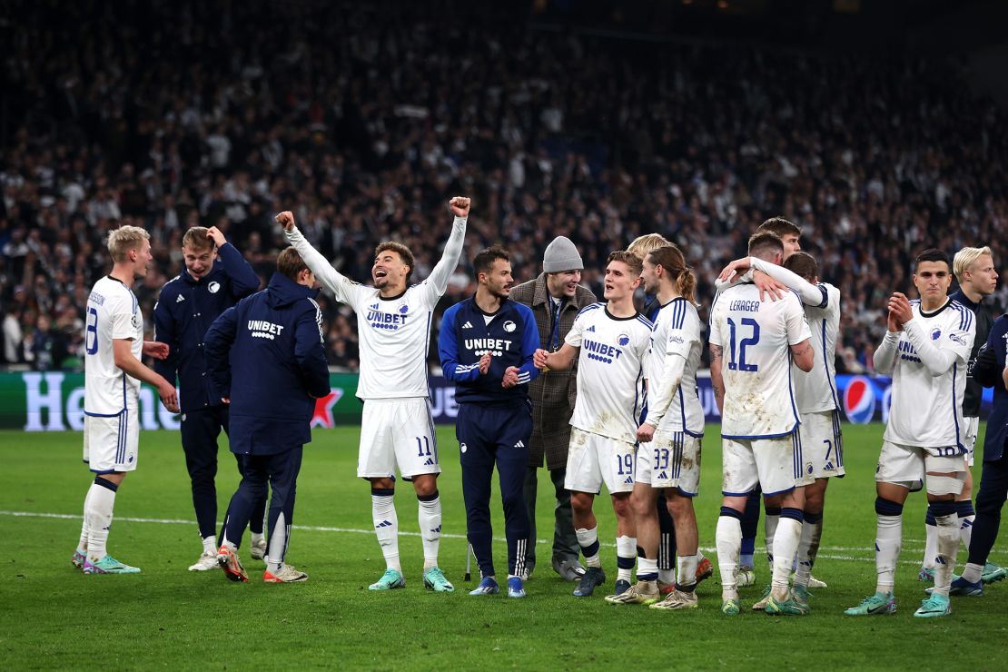 COPENHAGEN, DENMARK - NOVEMBER 08: Players of FC Copenhagen celebrate after the team's victory during the UEFA Champions League match between F.C. Copenhagen and Manchester United at Parken Stadium on November 08, 2023 in Copenhagen, Denmark. (Photo by Maja Hitij/Getty Images)