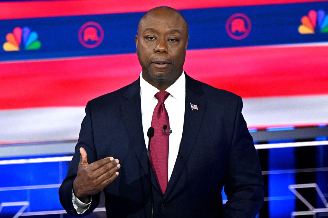 US Senator from South Carolina Tim Scott speaks during the third Republican presidential primary debate at the Knight Concert Hall at the Adrienne Arsht Center for the Performing Arts in Miami, Florida, on November 8, 2023. (Photo by Mandel NGAN / AFP) (Photo by MANDEL NGAN/AFP via Getty Images)