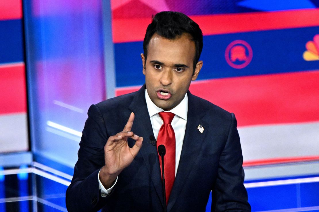 Entrepreneur Vivek Ramaswamy speaks during the third Republican presidential primary debate at the Knight Concert Hall at the Adrienne Arsht Center for the Performing Arts in Miami, Florida, on November 8, 2023. (Photo by Mandel NGAN / AFP) (Photo by MANDEL NGAN/AFP via Getty Images)