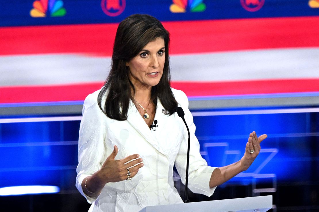 Former Governor of South Carolina and United Nations ambassador Nikki Haley speaks during the third Republican presidential primary debate at the Knight Concert Hall at the Adrienne Arsht Center for the Performing Arts in Miami, Florida, on November 8, 2023. (Photo by Mandel NGAN / AFP) (Photo by MANDEL NGAN/AFP via Getty Images)