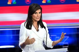 Former Governor of South Carolina and United Nations ambassador Nikki Haley speaks during the third Republican presidential primary debate at the Knight Concert Hall at the Adrienne Arsht Center for the Performing Arts in Miami, Florida, on November 8, 2023. (Photo by Mandel NGAN / AFP) (Photo by MANDEL NGAN/AFP via Getty Images)