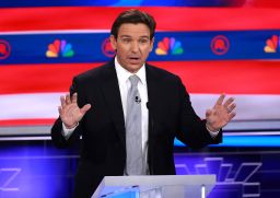 MIAMI, FLORIDA - NOVEMBER 08: Republican presidential candidate Florida Gov. Ron DeSantis speaks during the NBC News Republican Presidential Primary Debate at the Adrienne Arsht Center for the Performing Arts of Miami-Dade County on November 8, 2023 in Miami, Florida. Five presidential hopefuls squared off in the third Republican primary debate as former U.S. President Donald Trump, currently facing indictments in four locations, declined again to participate. (Photo by Joe Raedle/Getty Images)