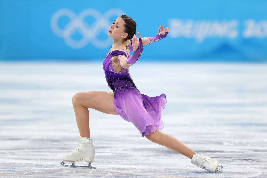 BEIJING, CHINA - FEBRUARY 06: Kamila Valieva of Team ROC skates during the Women Single Skating Short Program Team Event on day two of the Beijing 2022 Winter Olympic Games at Capital Indoor Stadium on February 06, 2022 in Beijing, China. (Photo by Catherine Ivill/Getty Images)