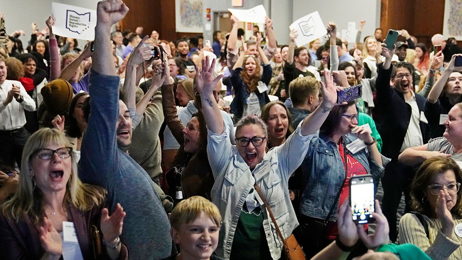 Issue 1 supporters cheer as they watch election results come in, Tuesday, November 7, 2023, in Columbus Ohio.