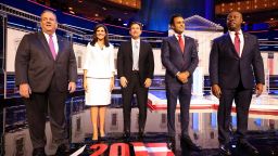 Republican presidential candidates (L-R), former New Jersey Gov. Chris Christie, former U.N. Ambassador Nikki Haley, Florida Gov. Ron DeSantis, Vivek Ramaswamy and U.S. Sen. Tim Scott (R-SC) are introduced during the NBC News Republican Presidential Primary Debate at the Adrienne Arsht Center for the Performing Arts of Miami-Dade County on November 8, 2023 in Miami, Florida.