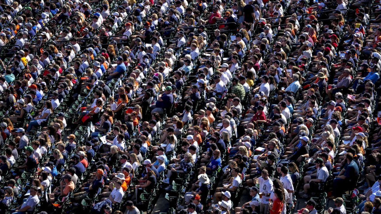 DETROIT, MICHIGAN - OCTOBER 01: A general view of fans at Comerica Park during the game between the Cleveland Guardians and Detroit Tigers at Comerica Park on October 01, 2023 in Detroit, Michigan. (Photo by Nic Antaya/Getty Images)