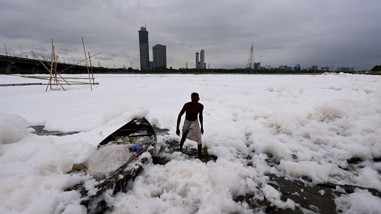 After heavy rainfall Yamuna river covered with a thick layer of toxic foam due to water pollution near Kalindi Kunj, on September 10, 2023 in New Delhi, India.