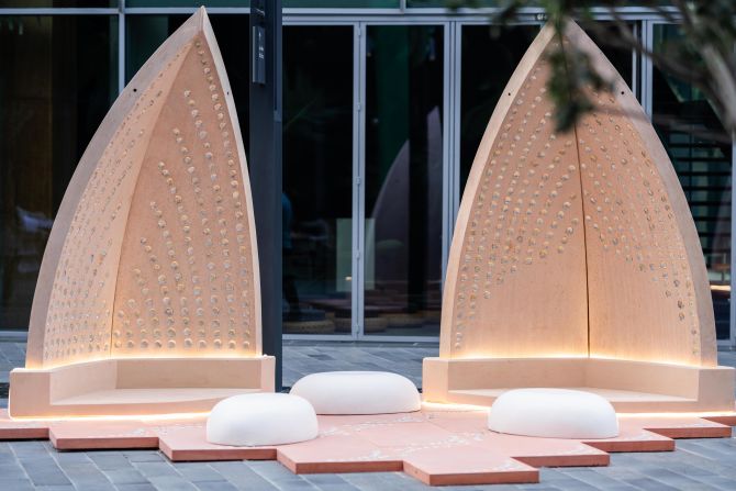Designed by Bahraini architect Sara Al Rayyes, this installation seeks to preserve Bahrain's pearling heritage by harnessing "the overlooked treasure of mother-of-pearl oysters, a typically discarded material in the pearling industry."