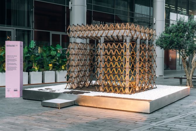 The design for "Arabi-an Tea House" was first unveiled at the 2023 Venice Architecture Biennale by Mitsubishi Jisho Design.  Constructed from local food waste, including tea dregs and grapes, this structure will house a tea master during Dubai Design Week to conduct tea ceremonies.