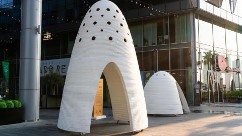Designer and architect Ahmad Alkattan created these structures to provide shade and shelter for humans and pigeons alike. They were among more than 30 designs for installations submitted to Dubai Design Week that have been built in the city's Design District.