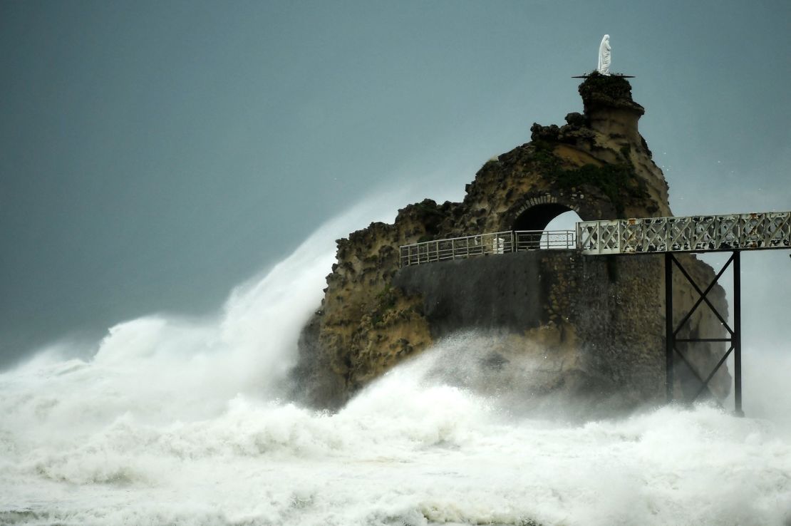 This photograph taken on November 3, shows waves crashing on the "Rocher de La Vierge" (Virgin Rock) as Storm Ciaran hits the region, in Biarritz, southwestern France.