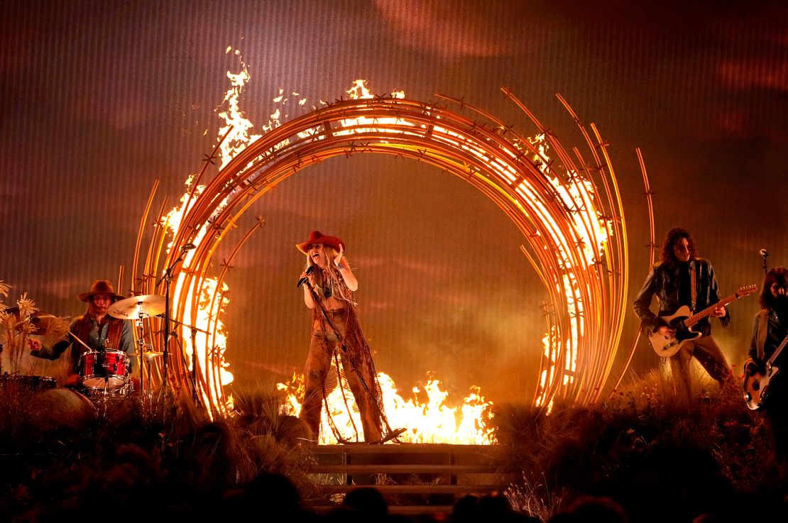 Lainey Wilson performs 'Wildflowers and Wild Horses' at the 57th Annual CMA Awards on Wednesday, Nov. 8, 2023, at the Bridgestone Arena in Nashville, Tenn. (AP Photo/George Walker IV)