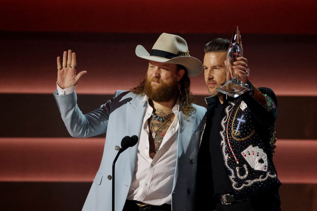 Brothers Osborne accept the award for Vocal duo of the Year at the 57th Annual CMA Awards in Nashville, Tennessee, U.S., November 8, 2023. REUTERS/Seth Herald
