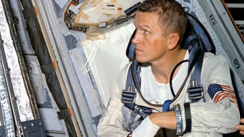 (25 Oct. 1965) Astronaut Frank Borman, command pilot for the Gemini-7 spaceflight, looks over the Gemini-7 spacecraft during weight and balance tests. (Photo by: HUM Images/Universal Images Group via Getty Images)